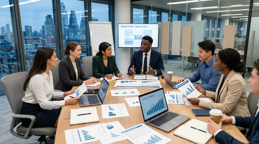 A team around a meeting table reviewing printed charts and laptops