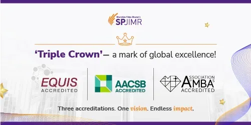 SPJIMR Triple Crown accreditation banner showing the EQUIS, AACSB and AMBA accredited marks